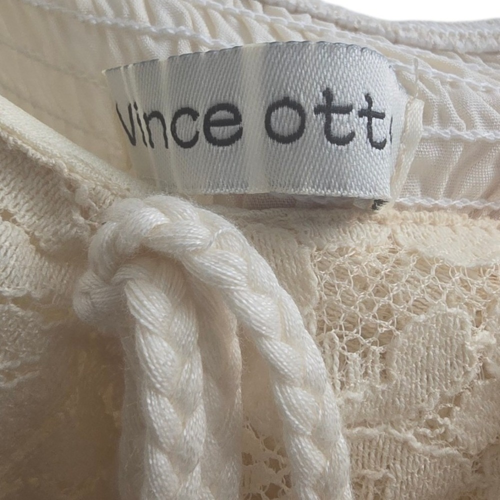 Vince Otto Ivory Lace Crochet Maxi Dress Smocked Back Tassel Tie Hi Low L/XL - Picture 9 of 13